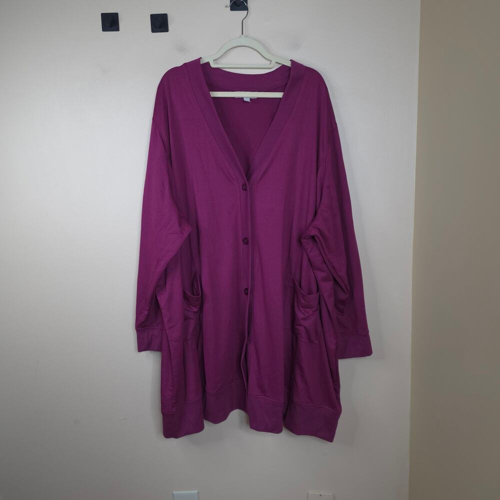 Woman Within Loose Fit Button Front Pocket Cardigan in Berry Size 34/36